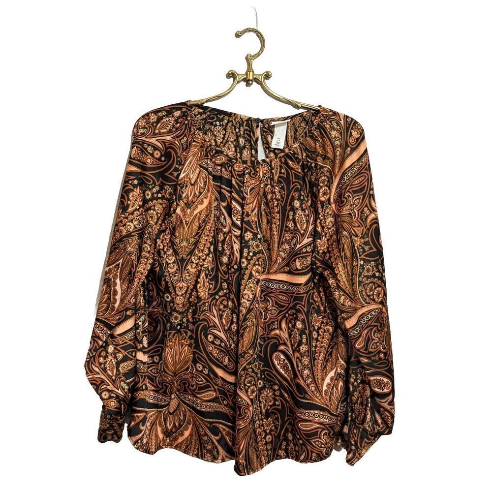 H&M Blouse Women Size‎ 12 Black Gold Satin Long Sleeve Paisley NEW